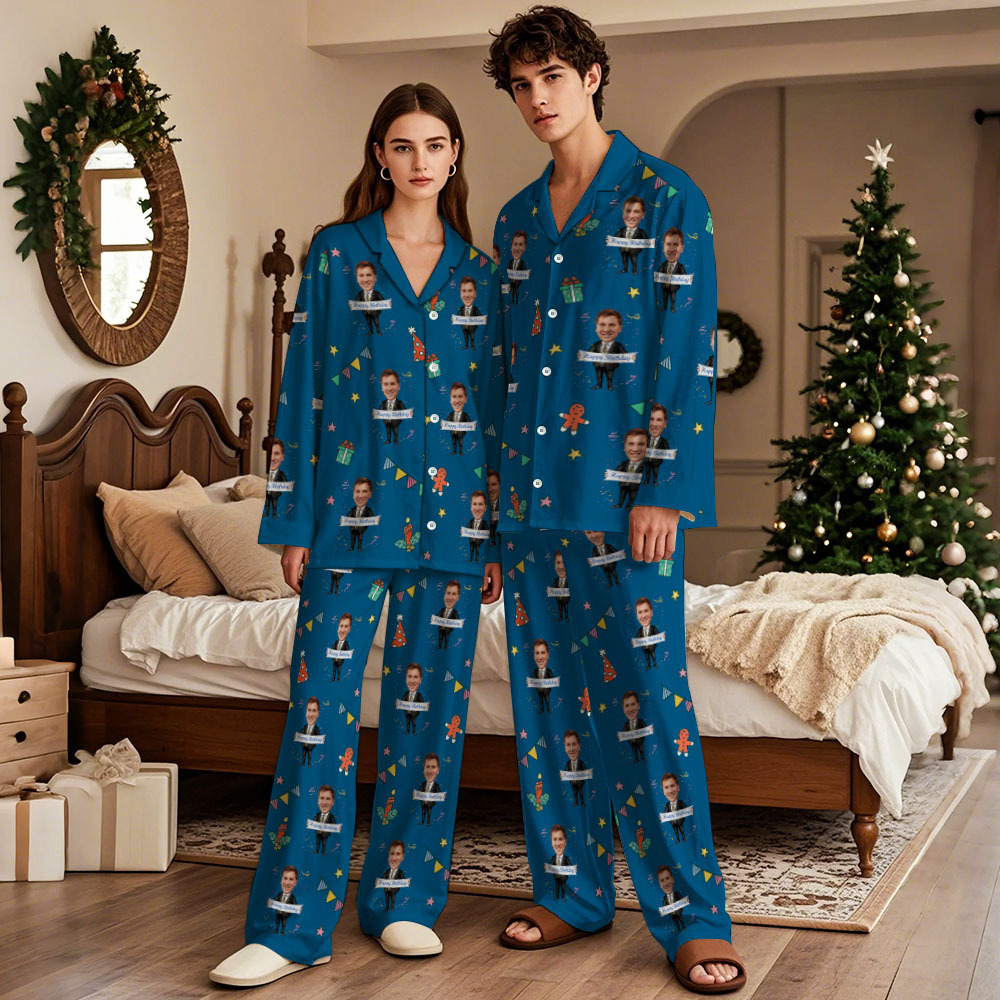 Custom Birthday Face Long Sleeve Pajamas with Face Personalized Photo Pajamas Gift - MyFaceSocksUK