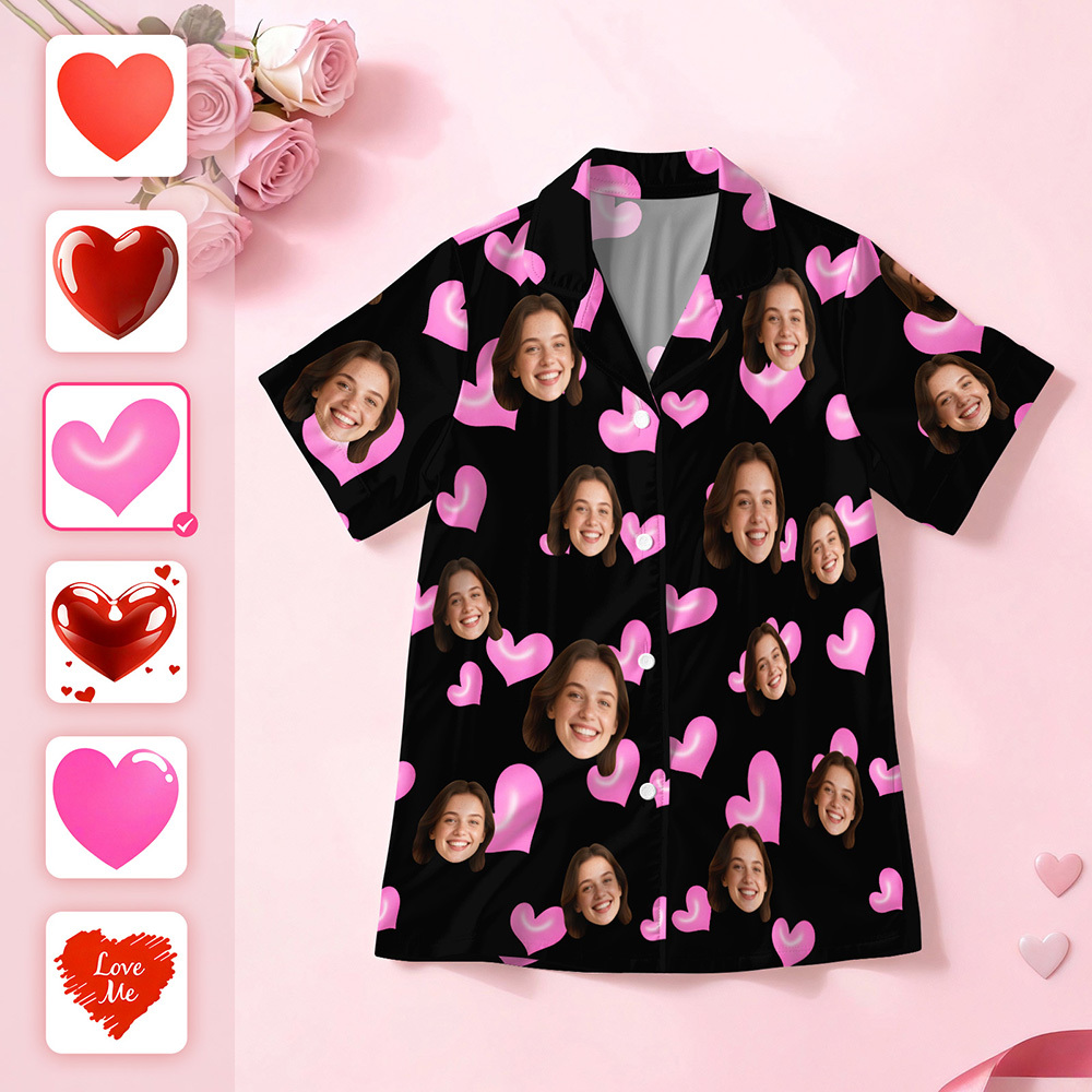Custom Face Short Sleeve Pajamas Personalised Heart Face Couple Sleepwear Valentine Love Gifts For Her - MyFaceSocksUK