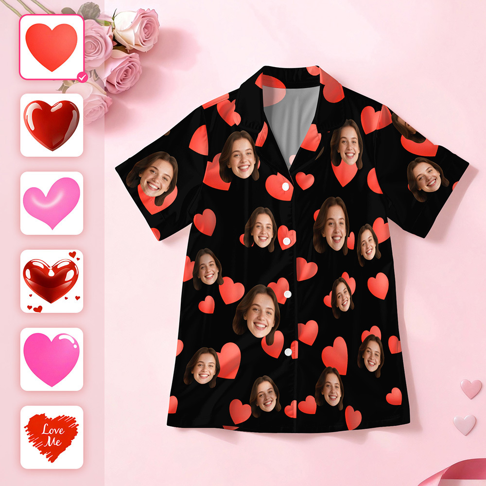 Custom Face Short Sleeve Pajamas Personalised Heart Face Couple Sleepwear Valentine Love Gifts For Her - MyFaceSocksUK