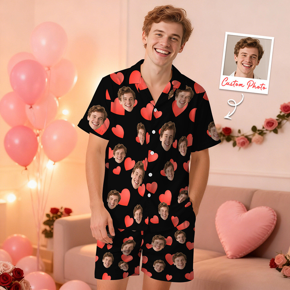 Custom Face Short Sleeve Pajamas Personalised Heart Face Couple Sleepwear Valentine Love Gifts For Her - MyFaceSocksUK