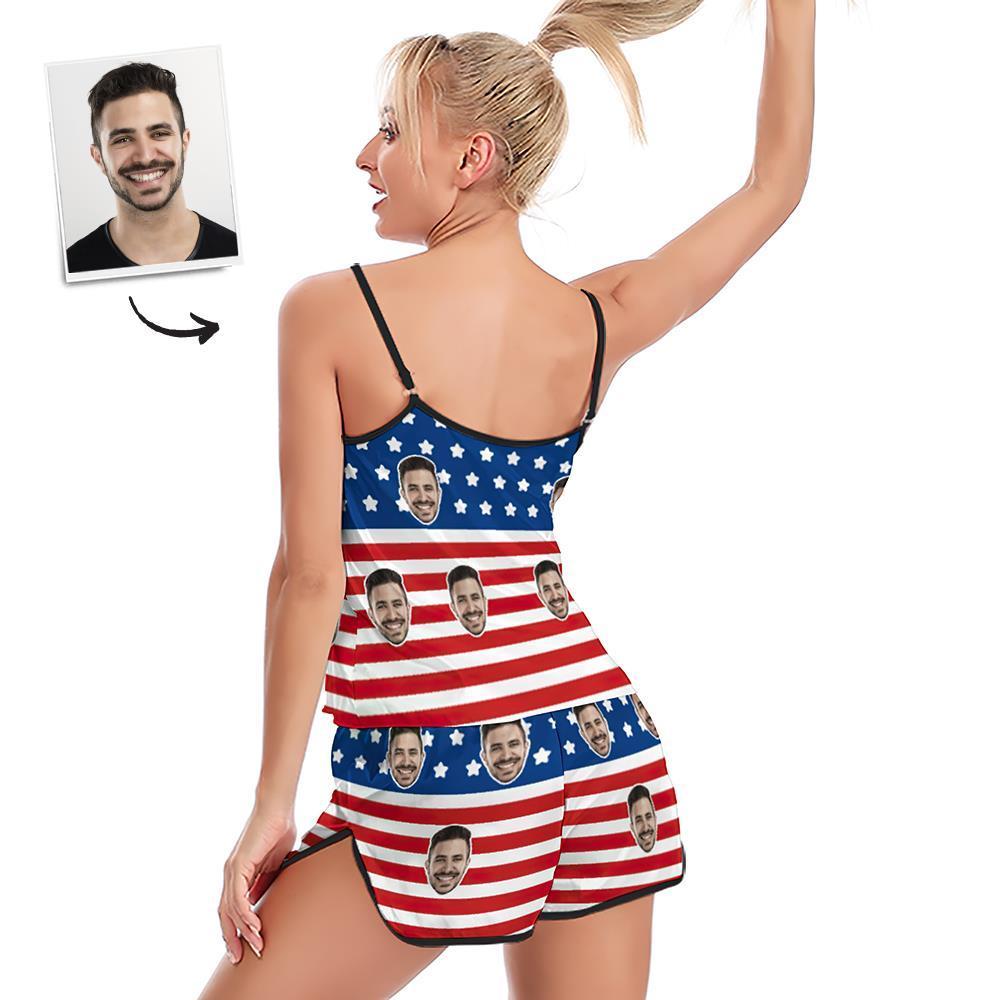 Custom Face Pajamas Suspender Sleepcoat Shorts Lingerie Set Summer Sleepwear - USA Flag - MyFaceSocksUK