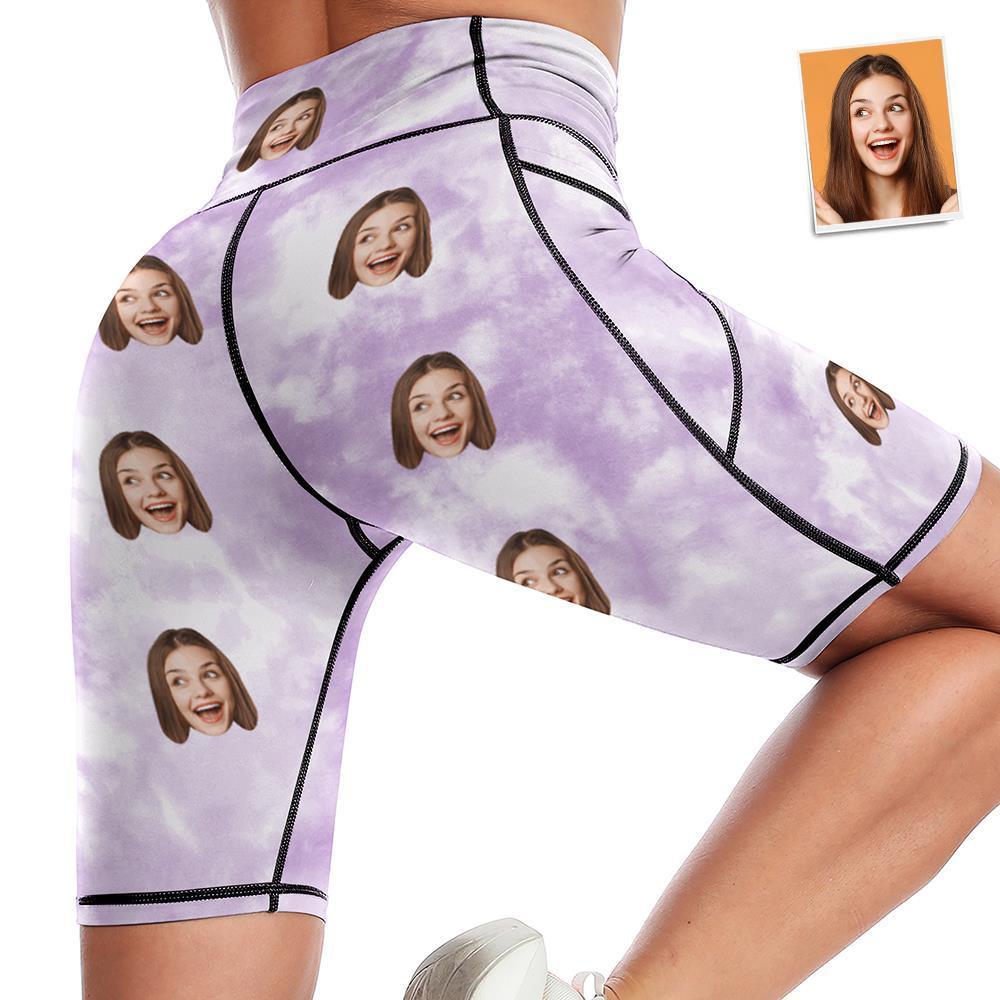 Custom Face Knee Length Tights Women's Yoga Shorts Running Leggings with Pockets - Light Purple Tie dye - MyFaceSocksUK