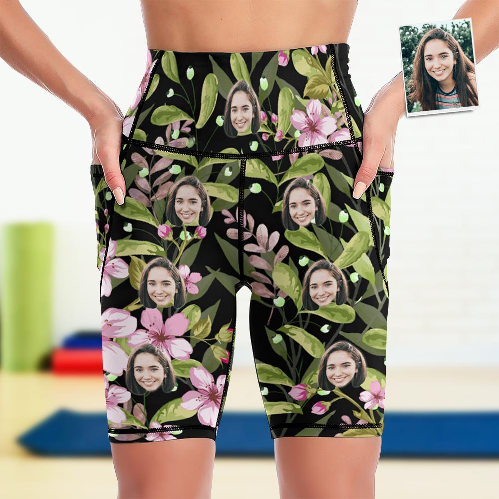Custom Face Knee Length Tights Women's Yoga Shorts Running Leggings with Pockets - Flowers - MyFaceSocksUK