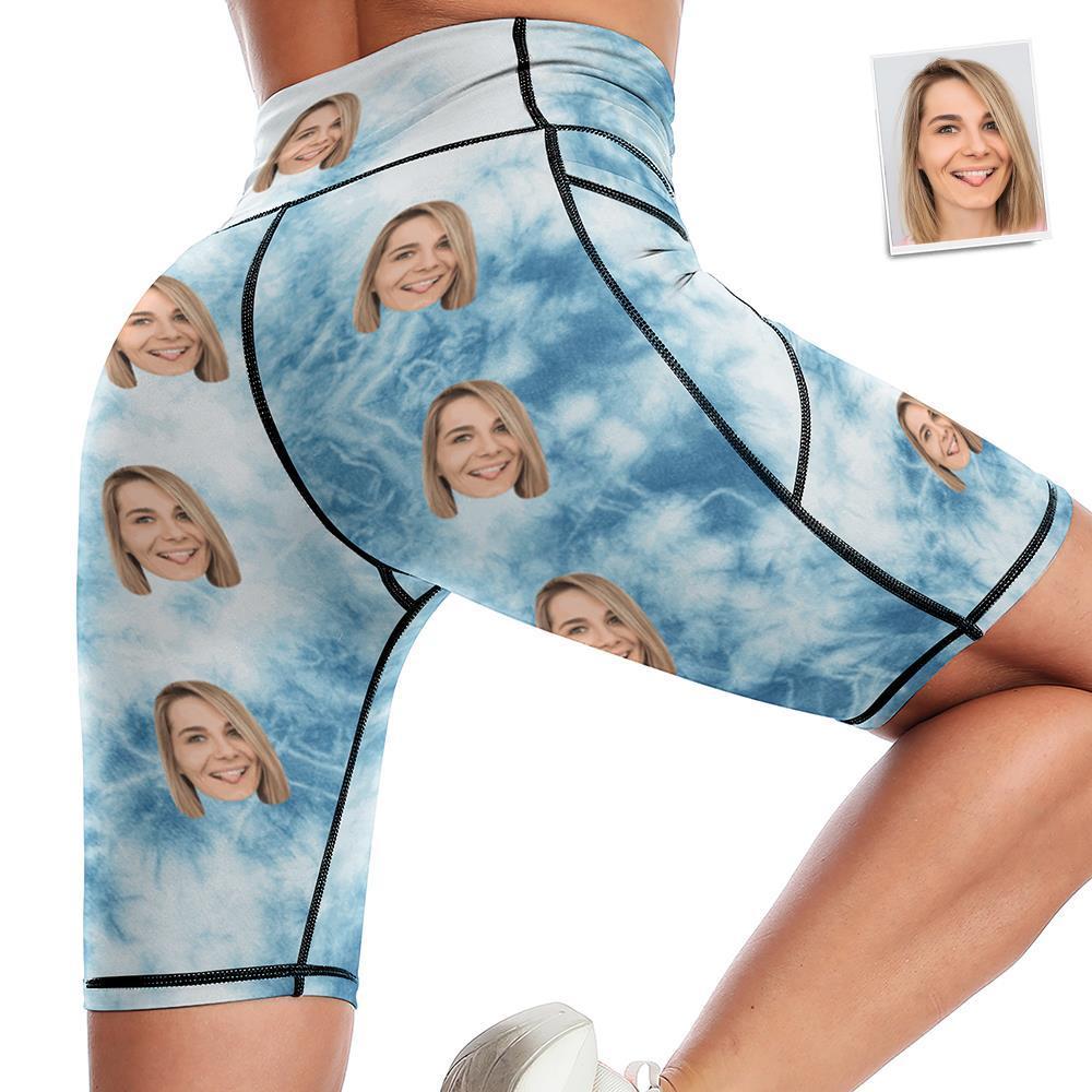 Custom Face Knee Length Tights Women's Yoga Shorts Running Leggings with Pockets - Blue Tie Dye - MyFaceSocksUK