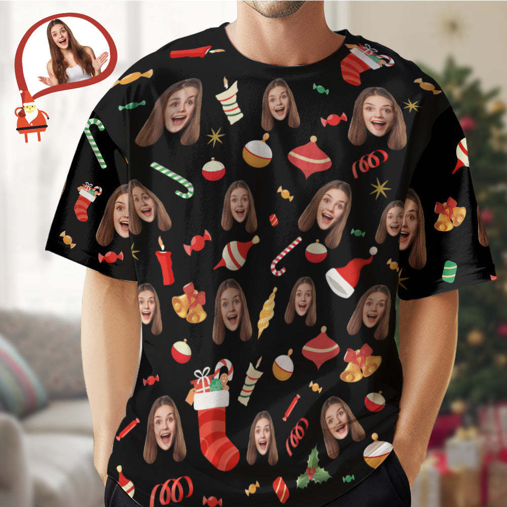 Custom Face T-shirt Christmas Gifts Cute Christmas Candy Christmas T-shirt - MyFaceSocksUK