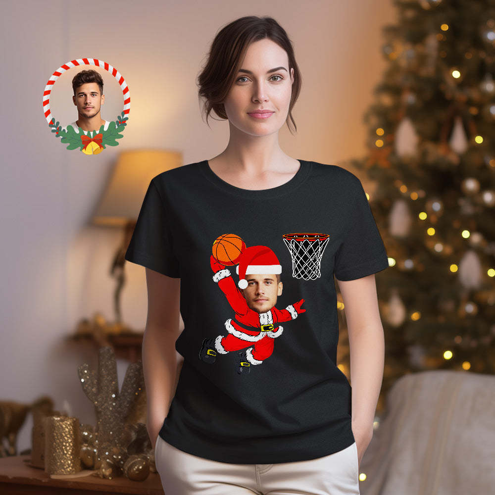 Custom Christmas Face T-shirt  Christmas Santa Claus Dunking A Basketball Funny  T-Shirt - MyFaceSocksUK