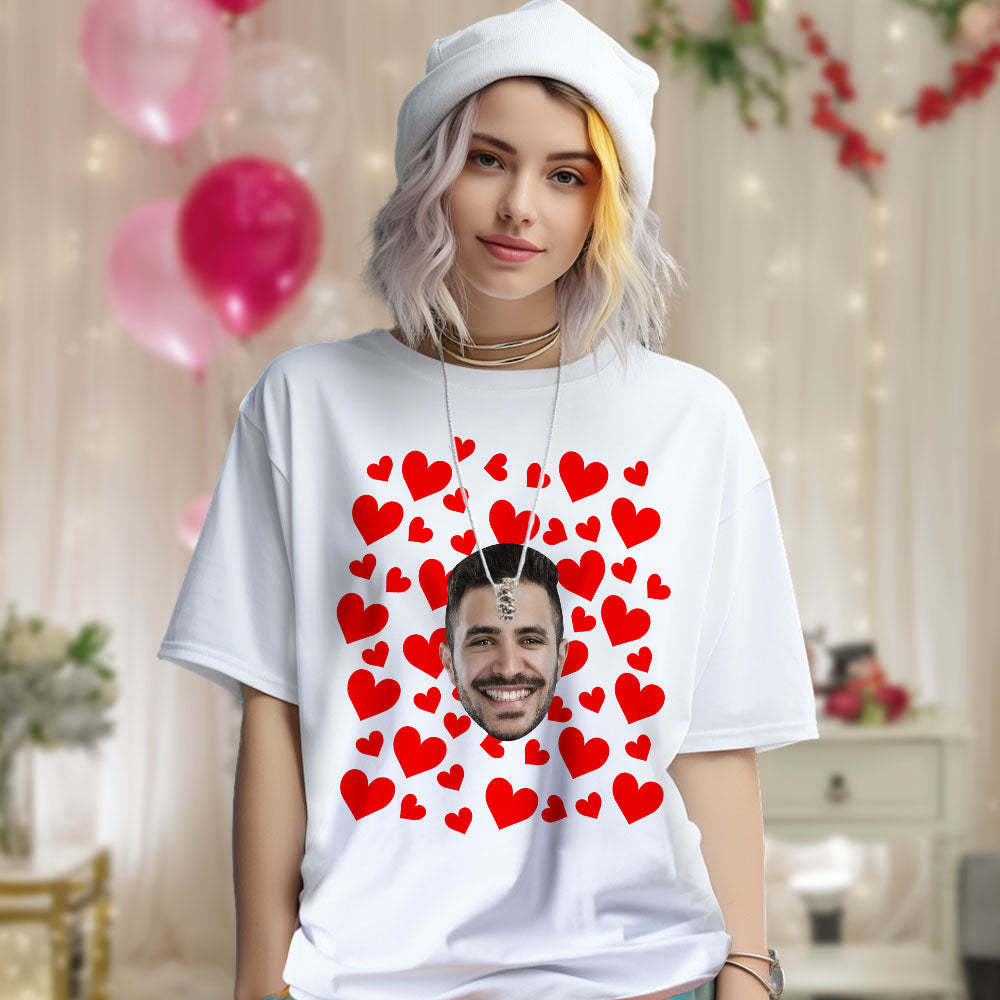 Custom Photo Vintage Tee Personalized Couple T-shirt  Red Hearts Valentine's Day Gifts for Couple - MyFaceSocksUK