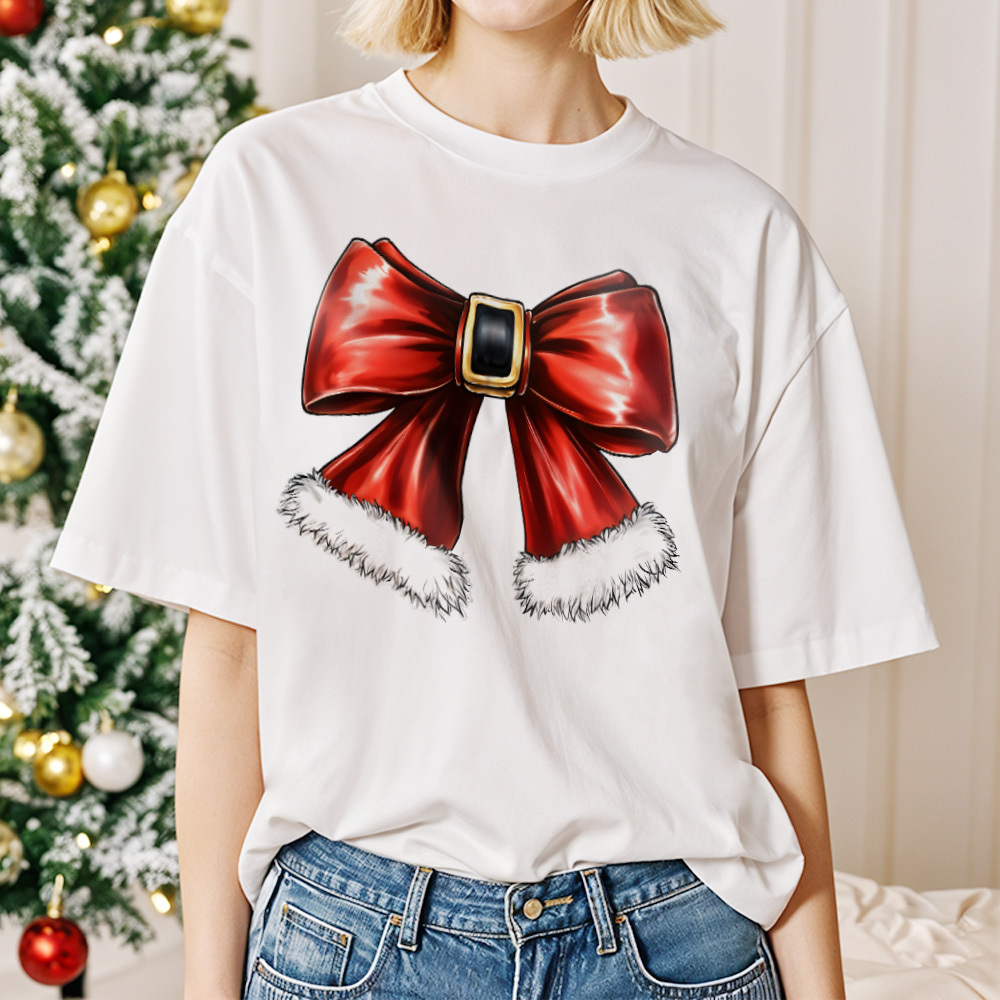 Santa with Sunglasses Funky Tee Cute Christmas Shirt Lights Pink Coquette bow - MyFaceSocksUK