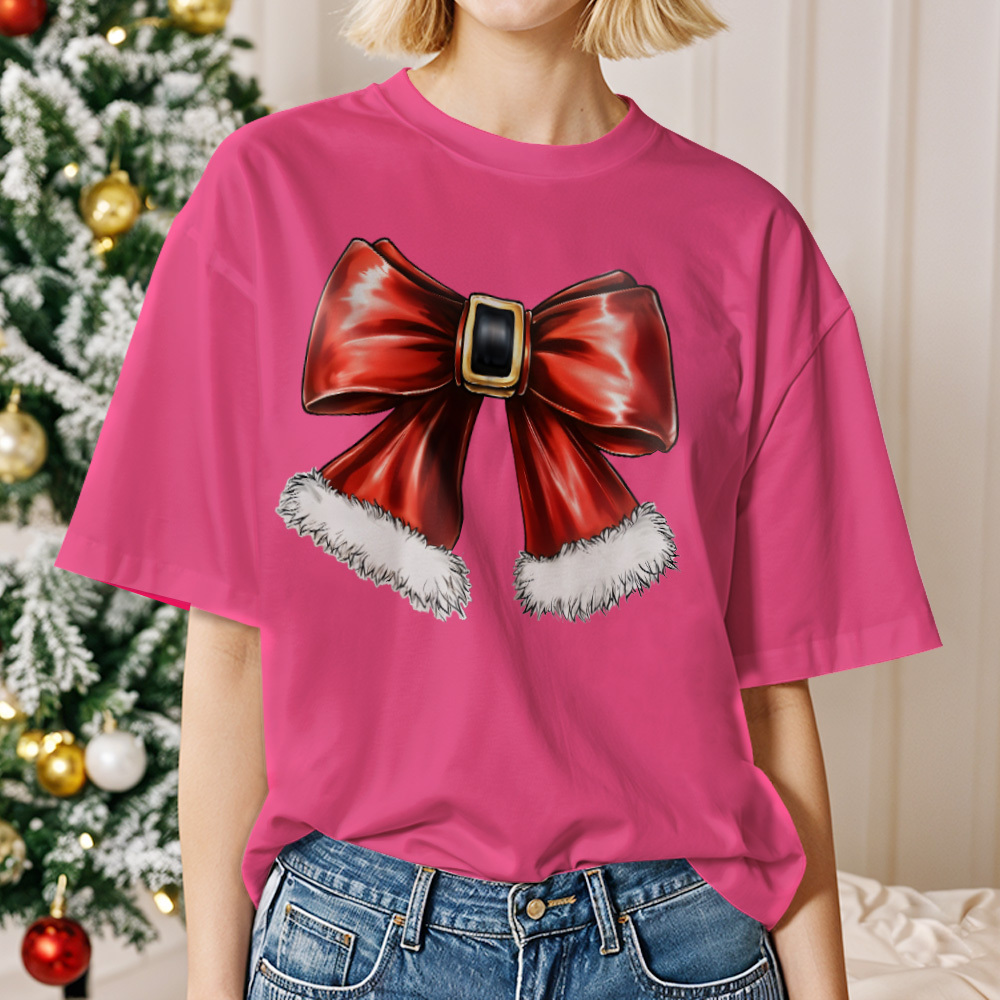 Santa with Sunglasses Funky Tee Cute Christmas Shirt Lights Pink Coquette bow - MyFaceSocksUK
