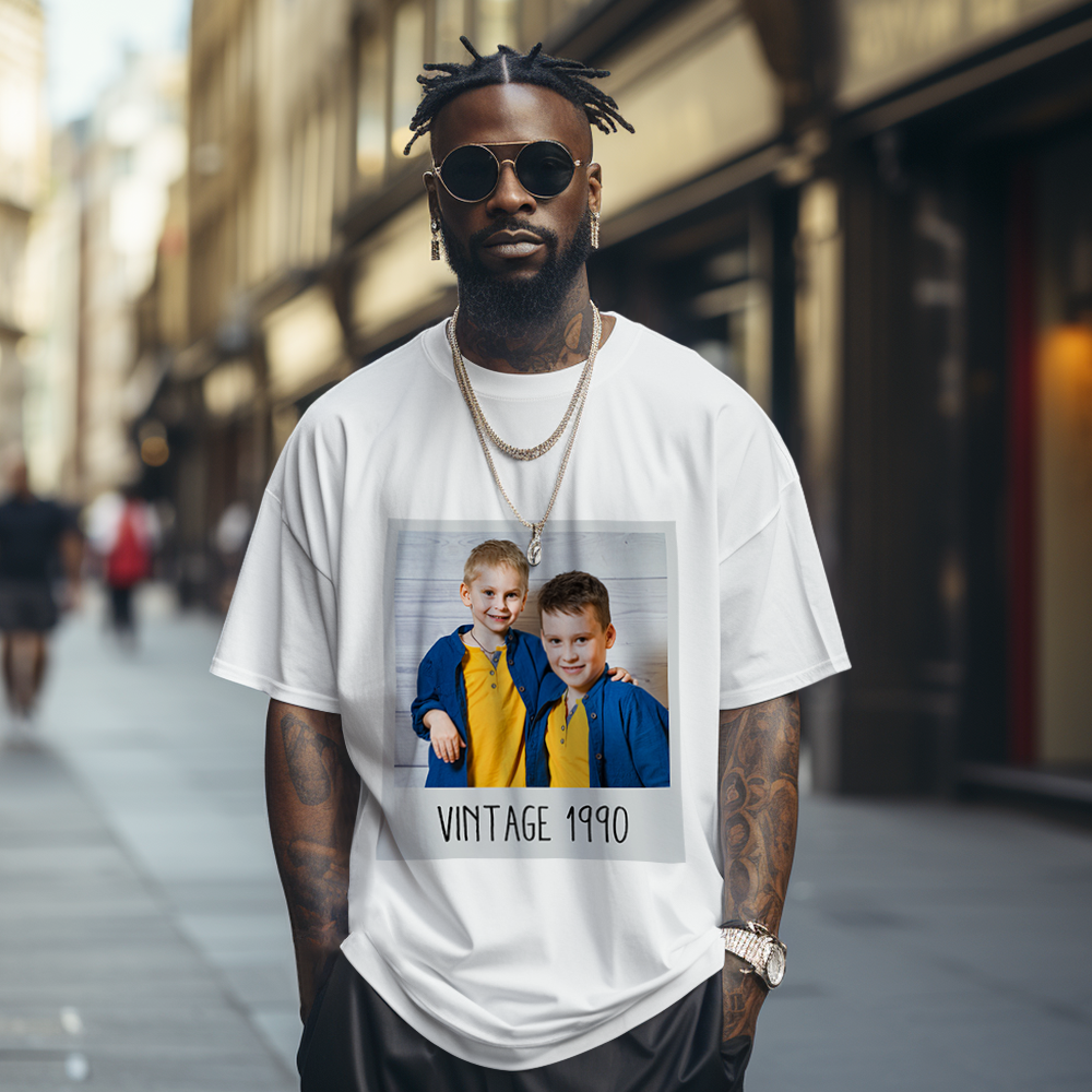 Custom Photo Vintage Tee Personalized Name T-shirt for Men Unique 90s Vintage Shirt Old School Tee - MyFaceSocksUK