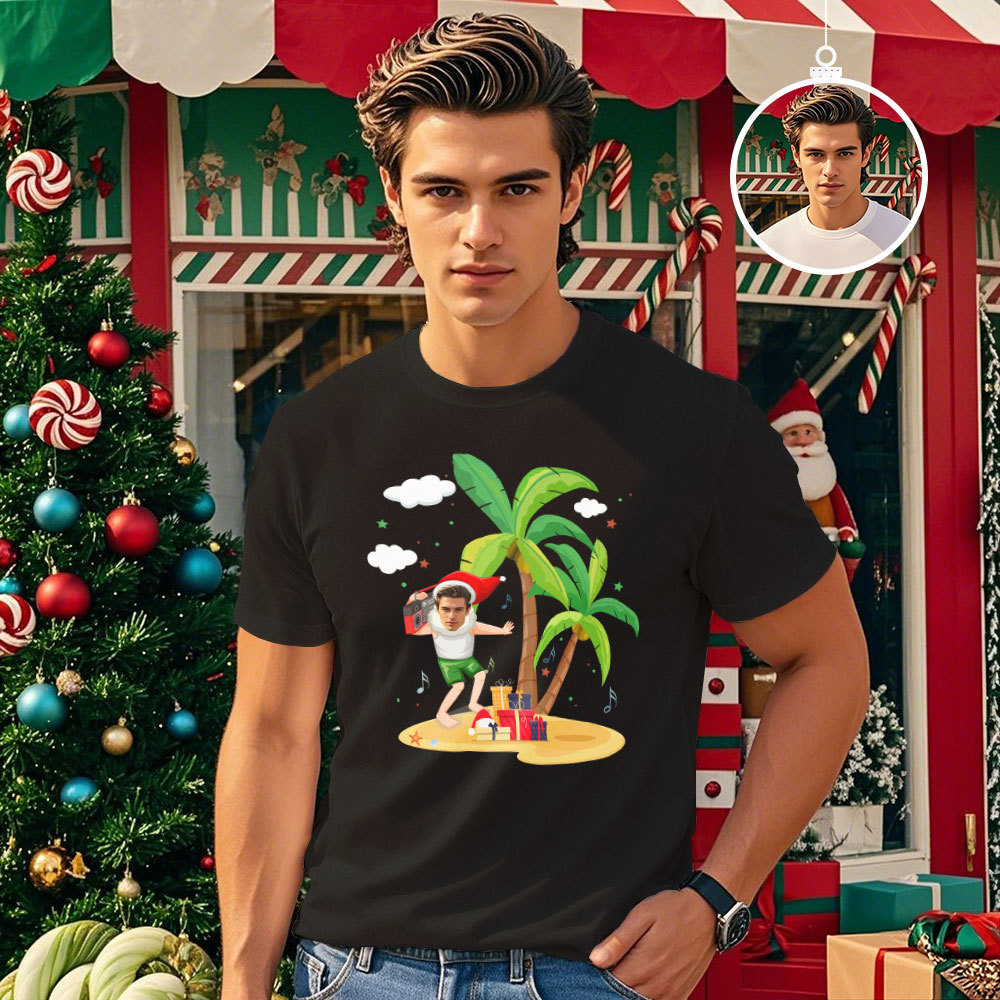 Custom Face T-shirt Santa Colorful Light Tree Tshirt Lights Xmas Funny T-Shirt - MyFaceSocksUK