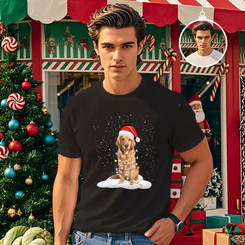 Custom Face T-shirt Santa Colorful Light Tree Tshirt Lights Xmas Funny T-Shirt - MyFaceSocksUK