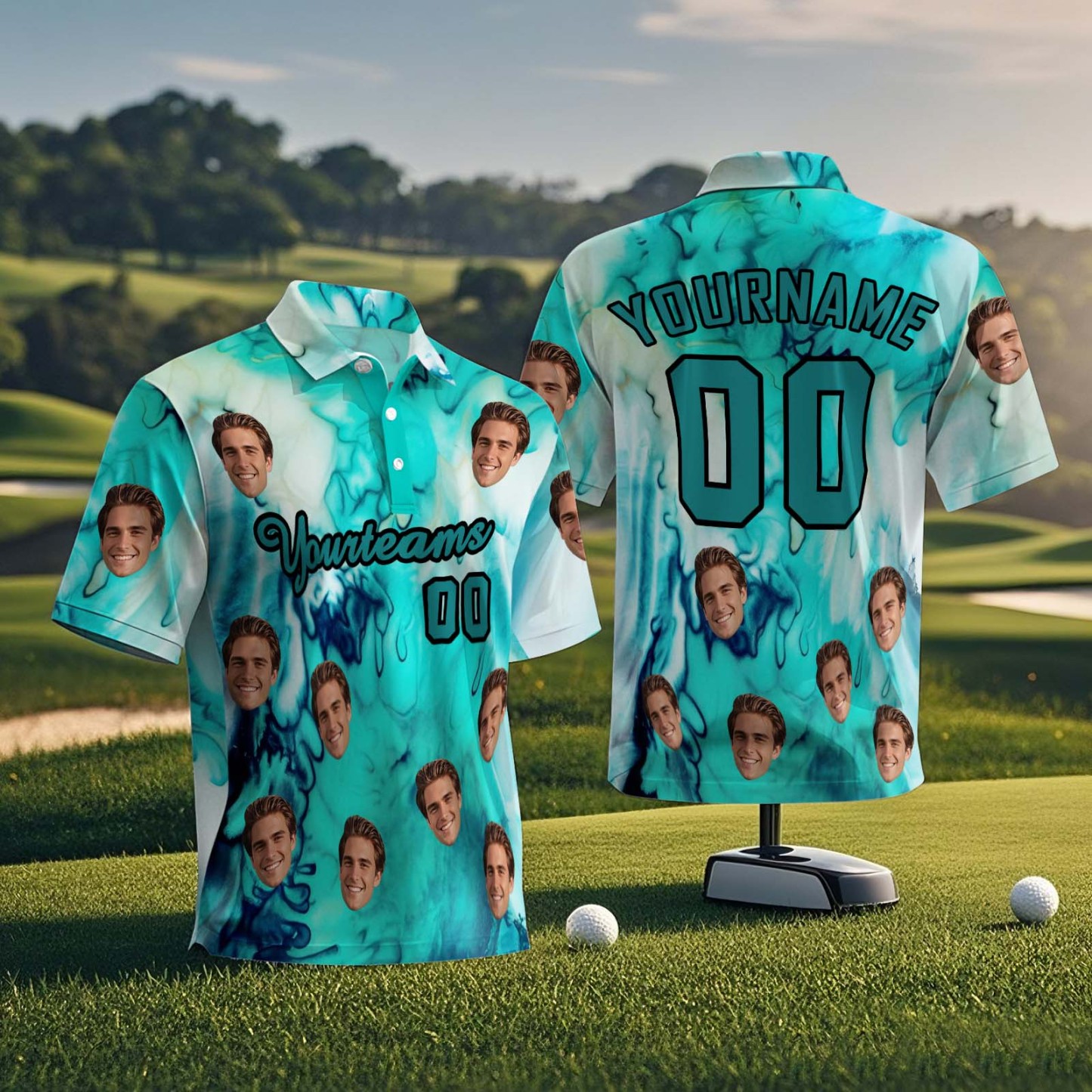 Custom Face Polo Teal Logo Hawaii Palm Trees Performance Golf Polo Shirt Gift - MyFaceSocksUK