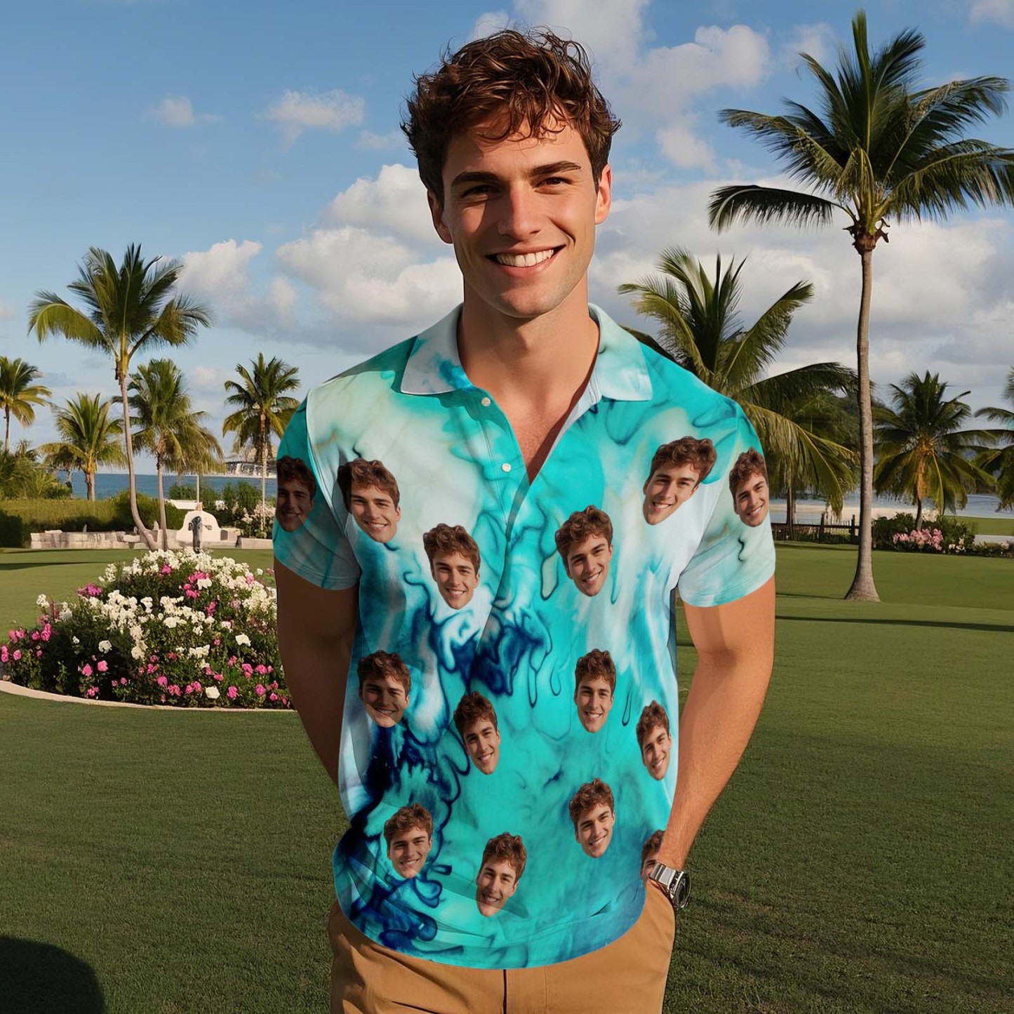 Custom Face Polo Teal Logo Hawaii Palm Trees Performance Golf Polo Shirt Gift - MyFaceSocksUK