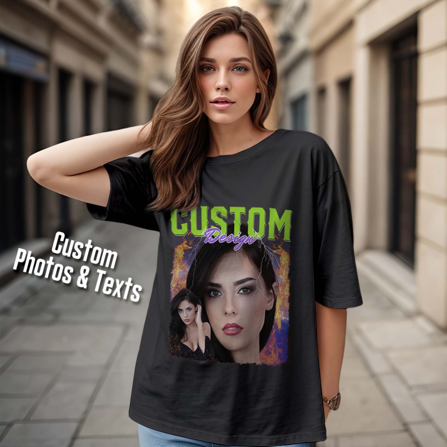 Custom Photo Bootleg Tee T-shirts Gifts for Her - MyFaceSocksUK