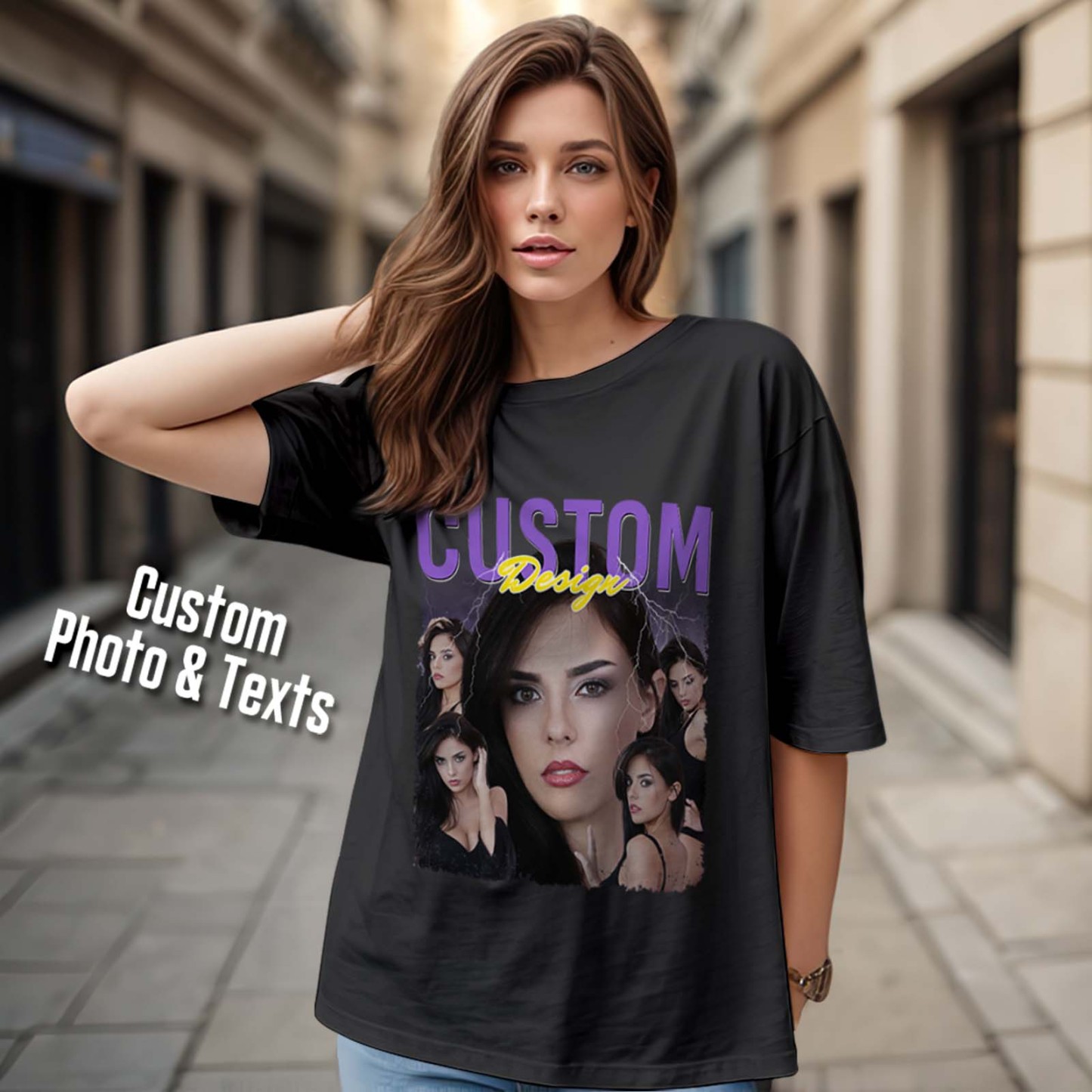 Custom Photo Bootleg Tee T-shirts Gifts for Her - MyFaceSocksUK