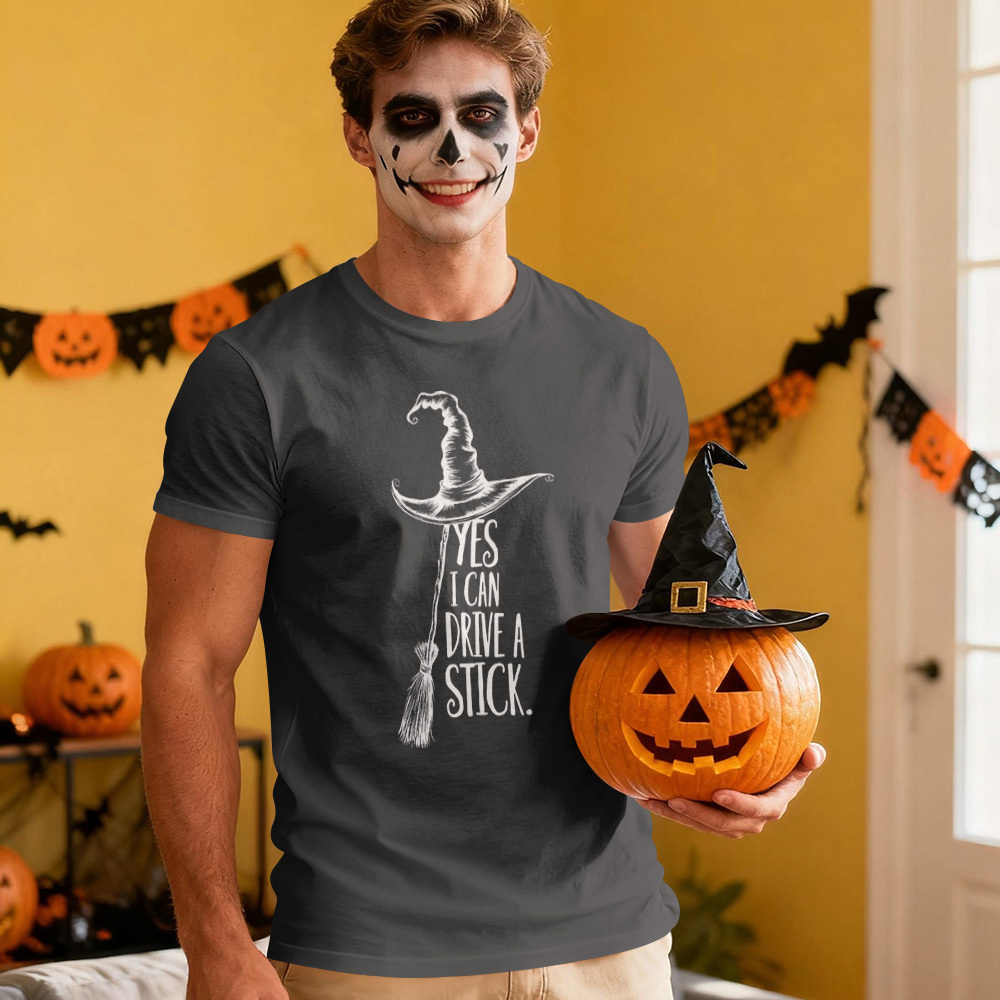 Yes I Can Drive A Stick T Shirt, Funny Halloween Witch Tee for Women, Spooky Party Shirt, Cute Halloween Gift Top, Witchy Costume Outfit - MyFaceSocksUK