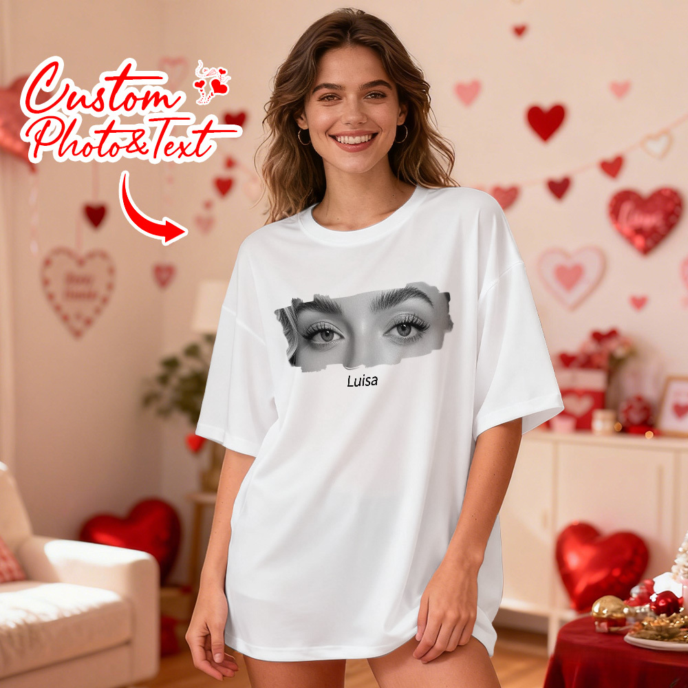 Custom Eyes White Shirt Girlfriend Eyes Tee Personalized Photo and Name Valentine Gift Idea - MyFaceSocksUK
