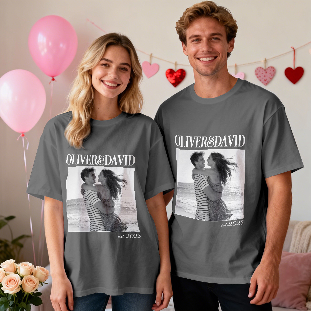 Personalized Couple Photo Tee Custom Photo T Shirt Name and  Est Year Anniversary Valentine Gift For Her - MyFaceSocksUK