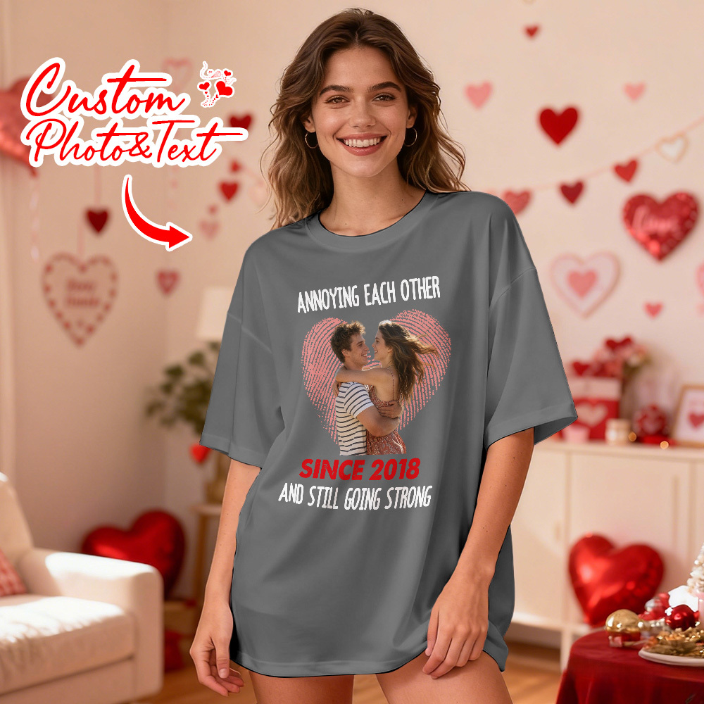 Personalized Couple Photo Tee Custom Photo T Shirt Heart-shaped Fingerprint Anniversary Valentine Gift For Couple - MyFaceSocksUK