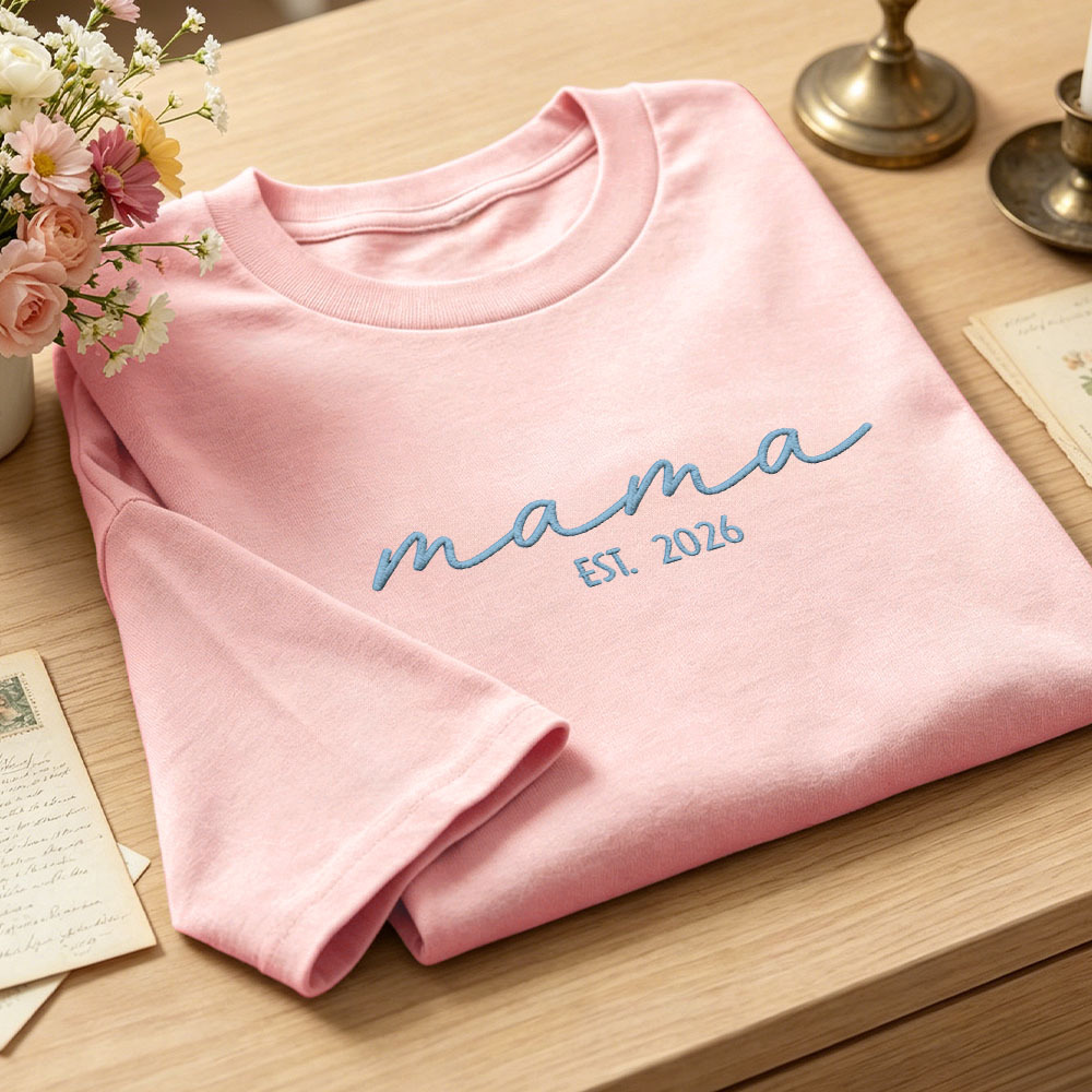 Custom Mama Embroidered T-Shirt Personalized Embroidered Tee for Mom New Mom Style Pregnancy Announcement Outfit Mother's Day Gift Selection - MyFaceSocksUK
