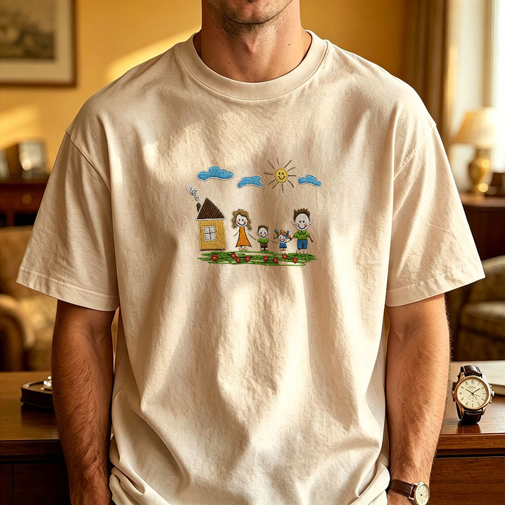 Custom Kids Drawing Embroidered T-Shirt – Personalized Child Artwork Tee, Custom Family Portrait Embroidery Shirt, Meaningful Gift for Mom, Dad & Grandparents - MyFaceSocksUK