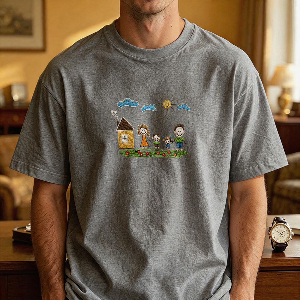 Custom Kids Drawing Embroidered T-Shirt – Personalized Child Artwork Tee, Custom Family Portrait Embroidery Shirt, Meaningful Gift for Mom, Dad & Grandparents - MyFaceSocksUK