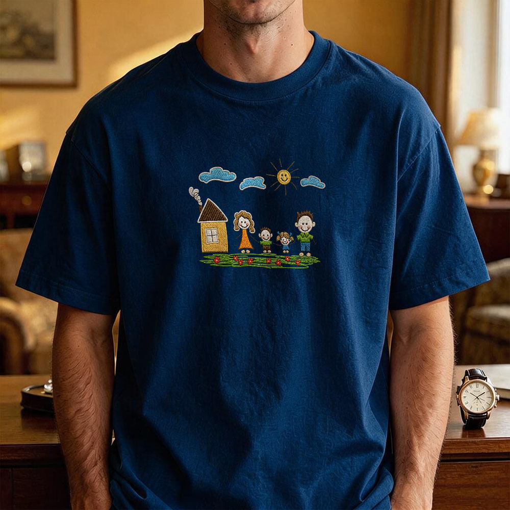 Custom Kids Drawing Embroidered T-Shirt – Personalized Child Artwork Tee, Custom Family Portrait Embroidery Shirt, Meaningful Gift for Mom, Dad & Grandparents - MyFaceSocksUK