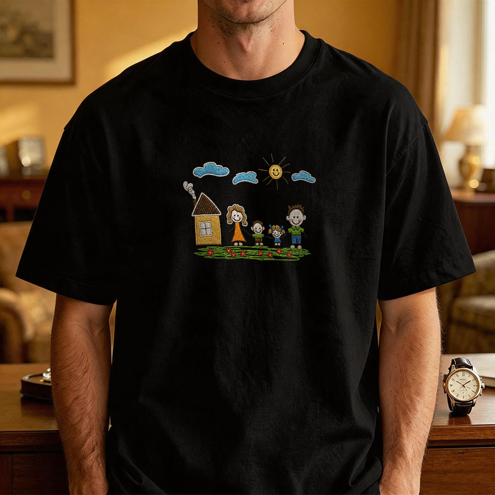 Custom Kids Drawing Embroidered T-Shirt – Personalized Child Artwork Tee, Custom Family Portrait Embroidery Shirt, Meaningful Gift for Mom, Dad & Grandparents - MyFaceSocksUK