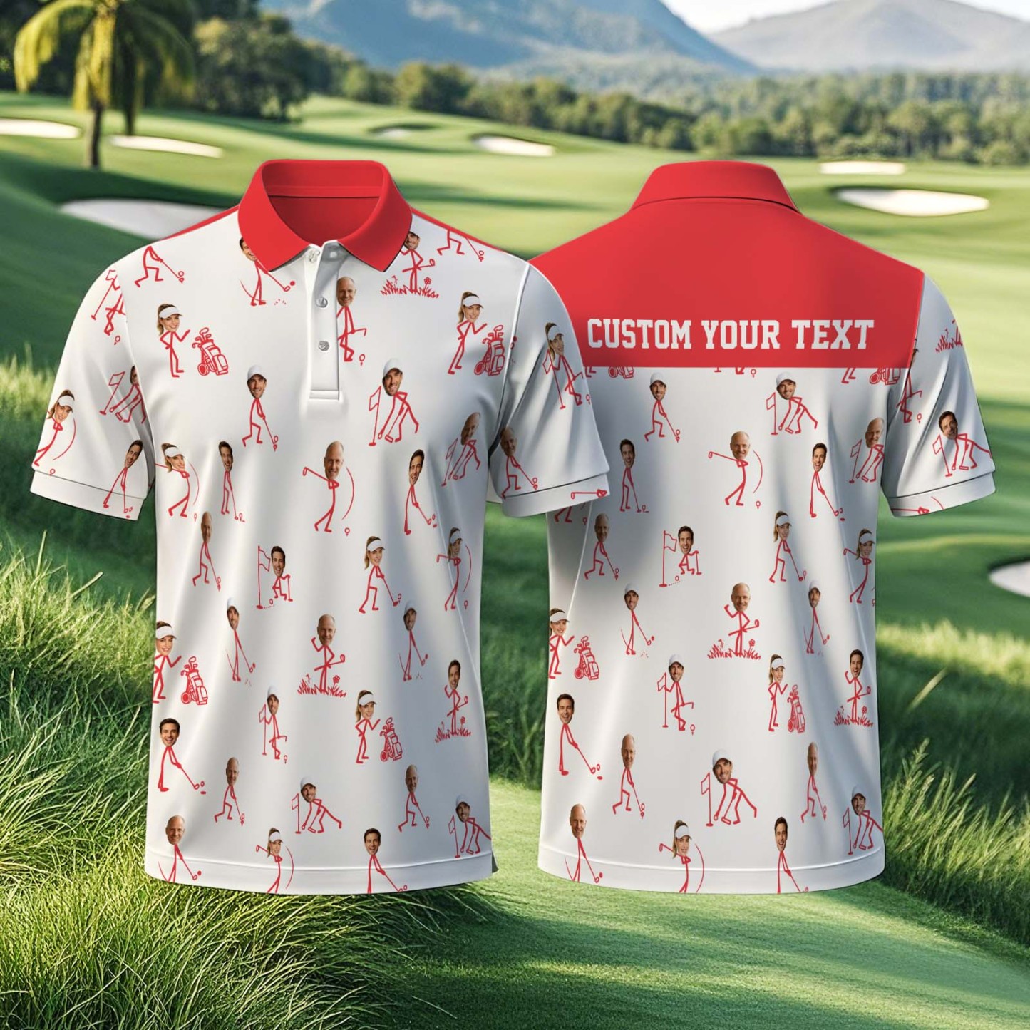 Custom Face Golf Polo Shirt, Personalized Photo Golf Shirt with Name, Funny Stick Figure Golfing Shirt, Unique Birthday Gift for Golfer - MyFaceSocksUK
