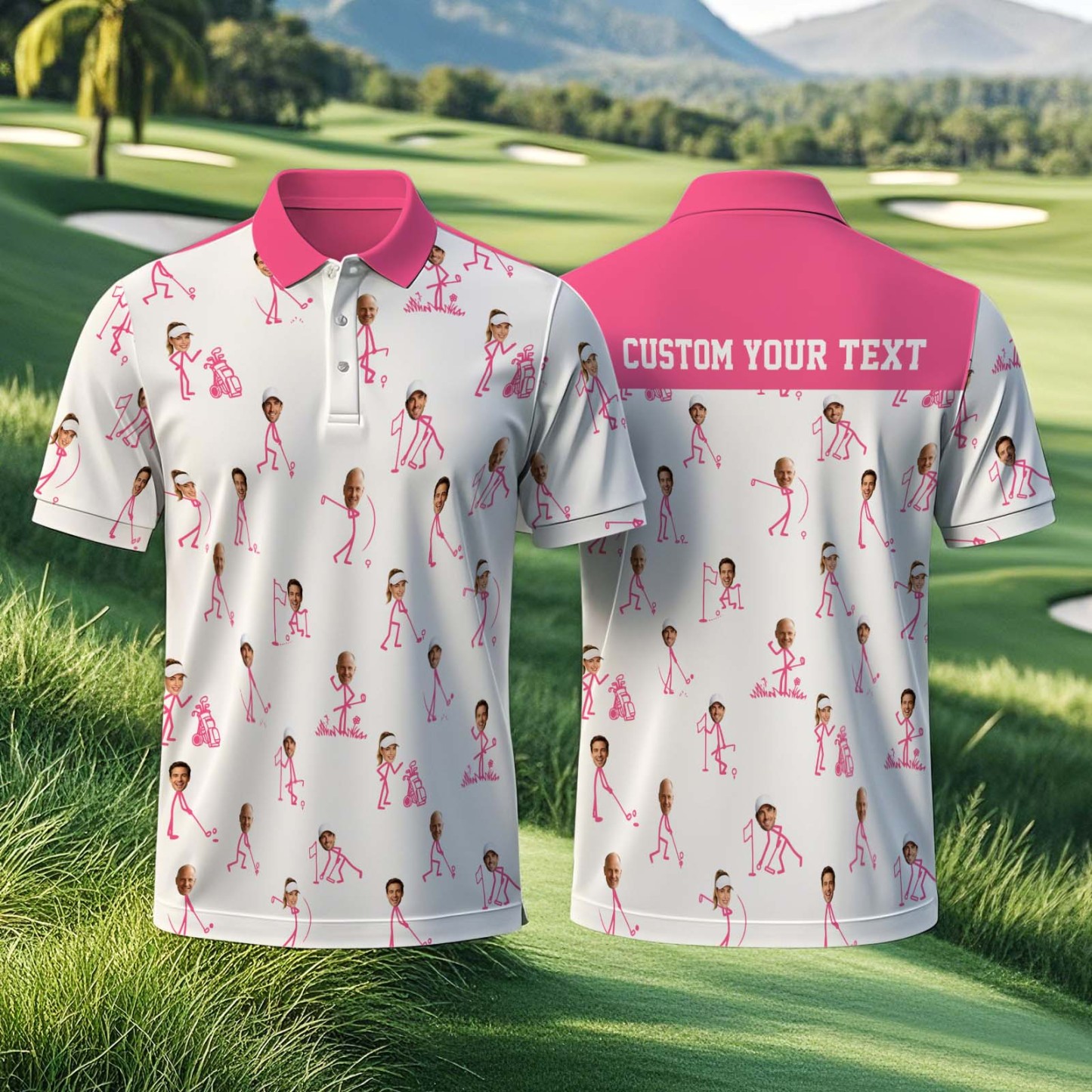 Custom Face Golf Polo Shirt, Personalized Photo Golf Shirt with Name, Funny Stick Figure Golfing Shirt, Unique Birthday Gift for Golfer - MyFaceSocksUK