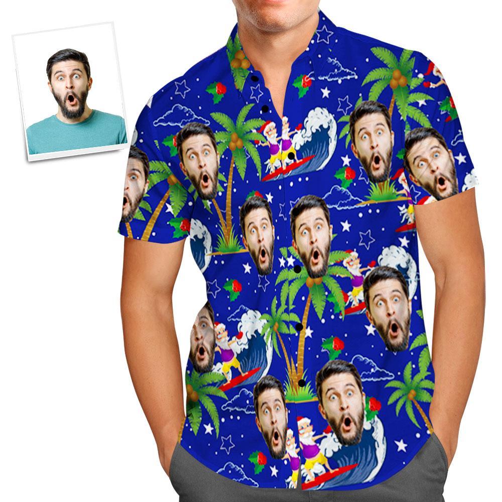 Custom Face Shirt Personalized Photo Men's Hawaiian Shirt Christmas Gift - Surfing Santa - MyFaceSocksUK