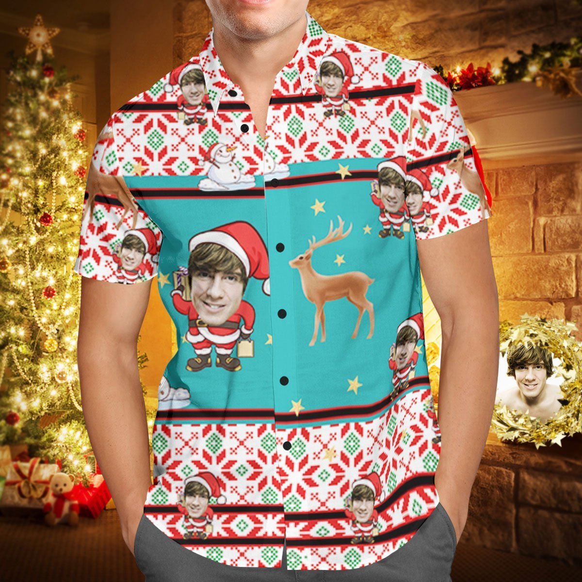 Custom Face Personalized Christmas Hawaiian Shirt Santa Claus and Reindeer - MyFaceSocksUK