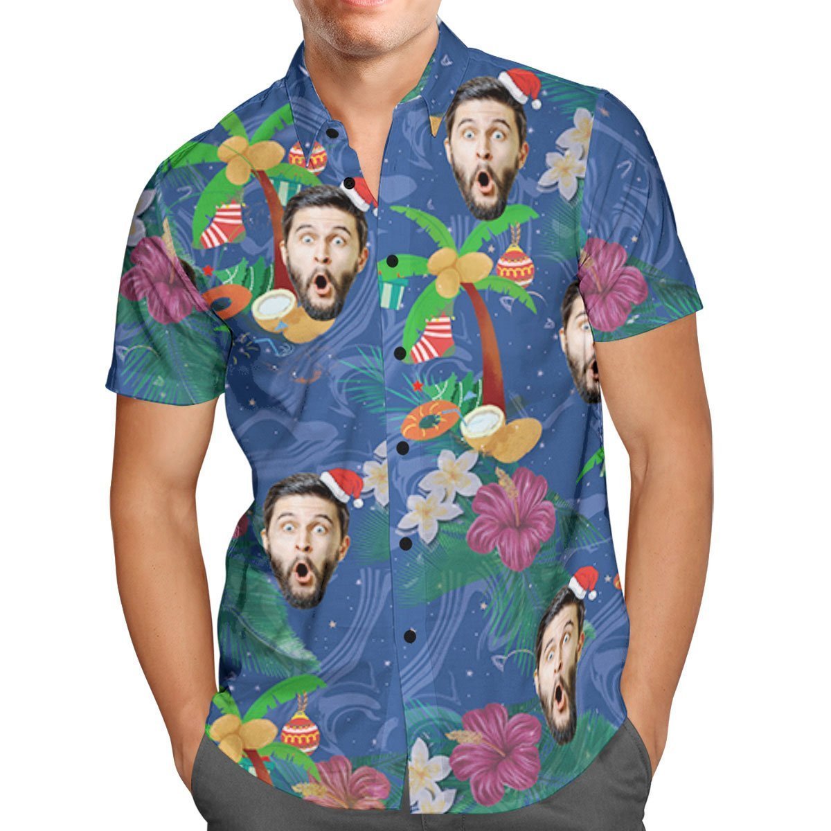 Custom Face Personalized Christmas Hawaiian Shirt Coconut Tree - MyFaceSocksUK