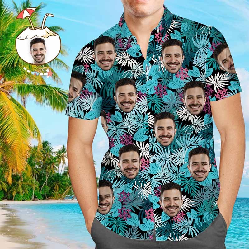 Custom Face Hawaiian Shirt Colorful Leaves Personaalized Hawaiian Shirts - MyFaceSocksUK