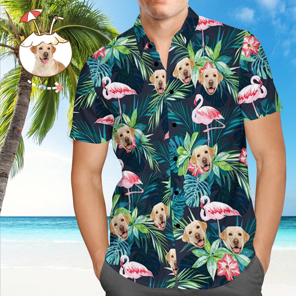 Face on Shirts Custom Hawaiian Shirt with Face Leaves & Flamingo Button Down Shirts - MyFaceSocksUK