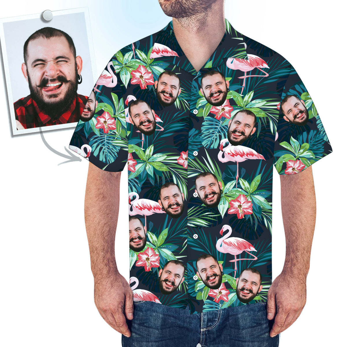 Custom Face All Over Print Hawaiian Shirt Flamingo Flowers And Leaves Valentine's Day Present