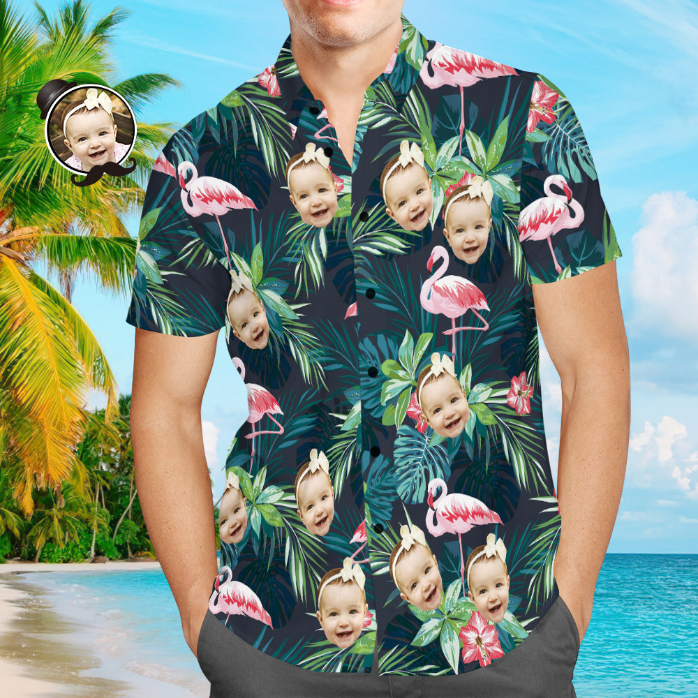 Face on Shirts Custom Hawaiian Shirt with Face Leaves & Flamingo Father's Day Shirt Gift for Dad