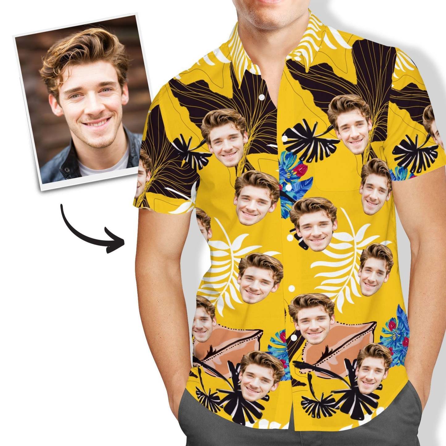 Custom Face Yellow Hawaiian Shirt Mens All Over Print - MyFaceSocksUK