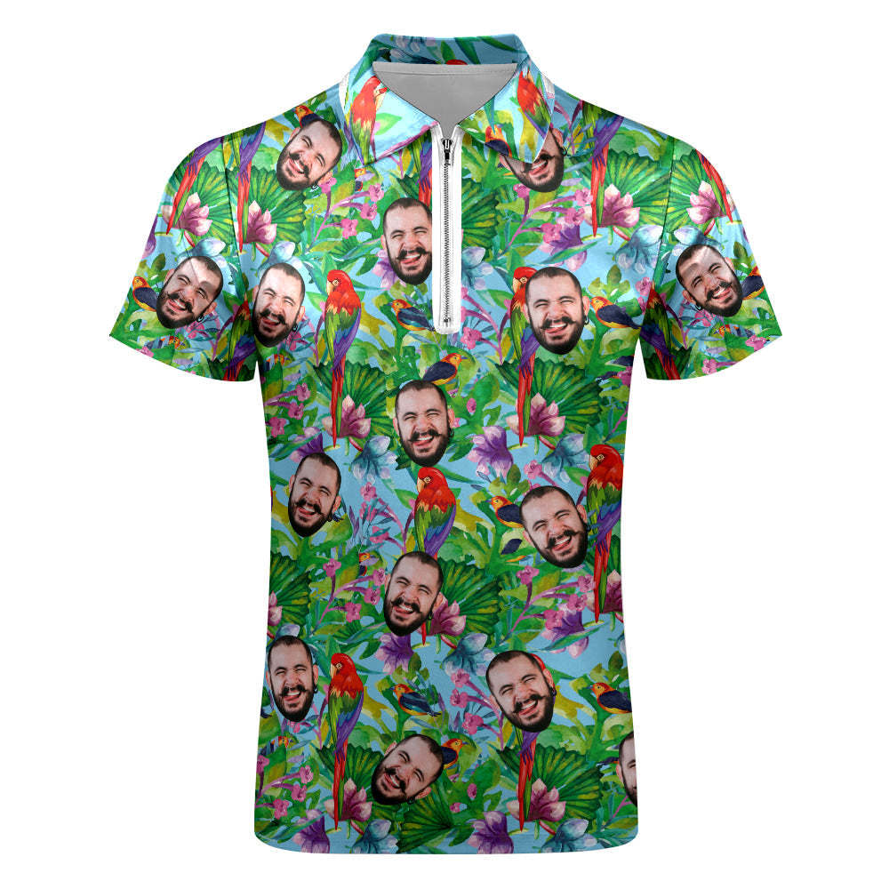 Custom Polo Shirt with Zipper Personalised Face Hawaiian Style Men's Polo Shirt for Him - MyFaceSocksUK