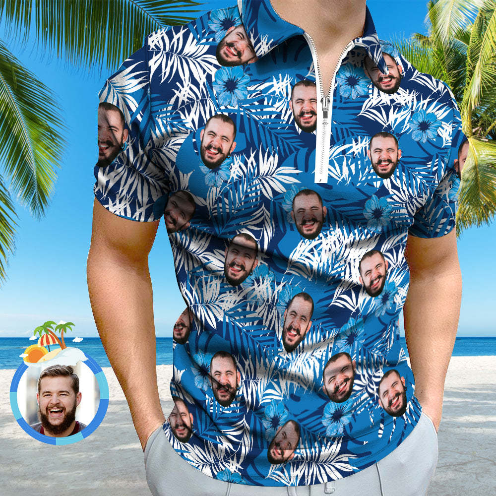 Custom Face Polo Shirt with Zipper Personalised Hawaiian Style Polo Shirt for Men - MyFaceSocksUK