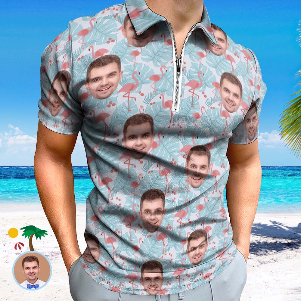Custom Flamingo Blue Floral Men's Polo Shirt Personalised Face Funny Polo Shirt with Zipper - MyFaceSocksUK