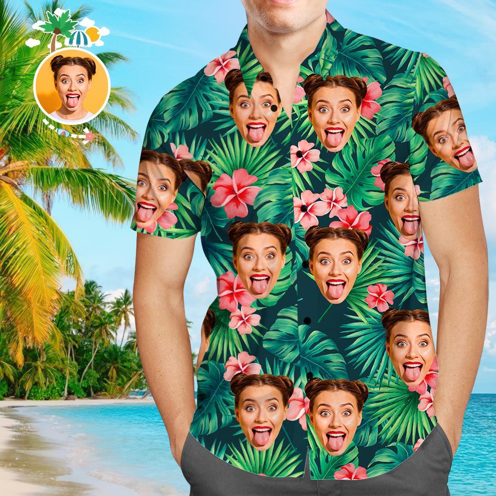 Custom Tropical Shirts Custom Face Hawaiian Shirt Leaves & Flowers Men's All Over Print Hawaiian Shirt - MyFaceSocksUK