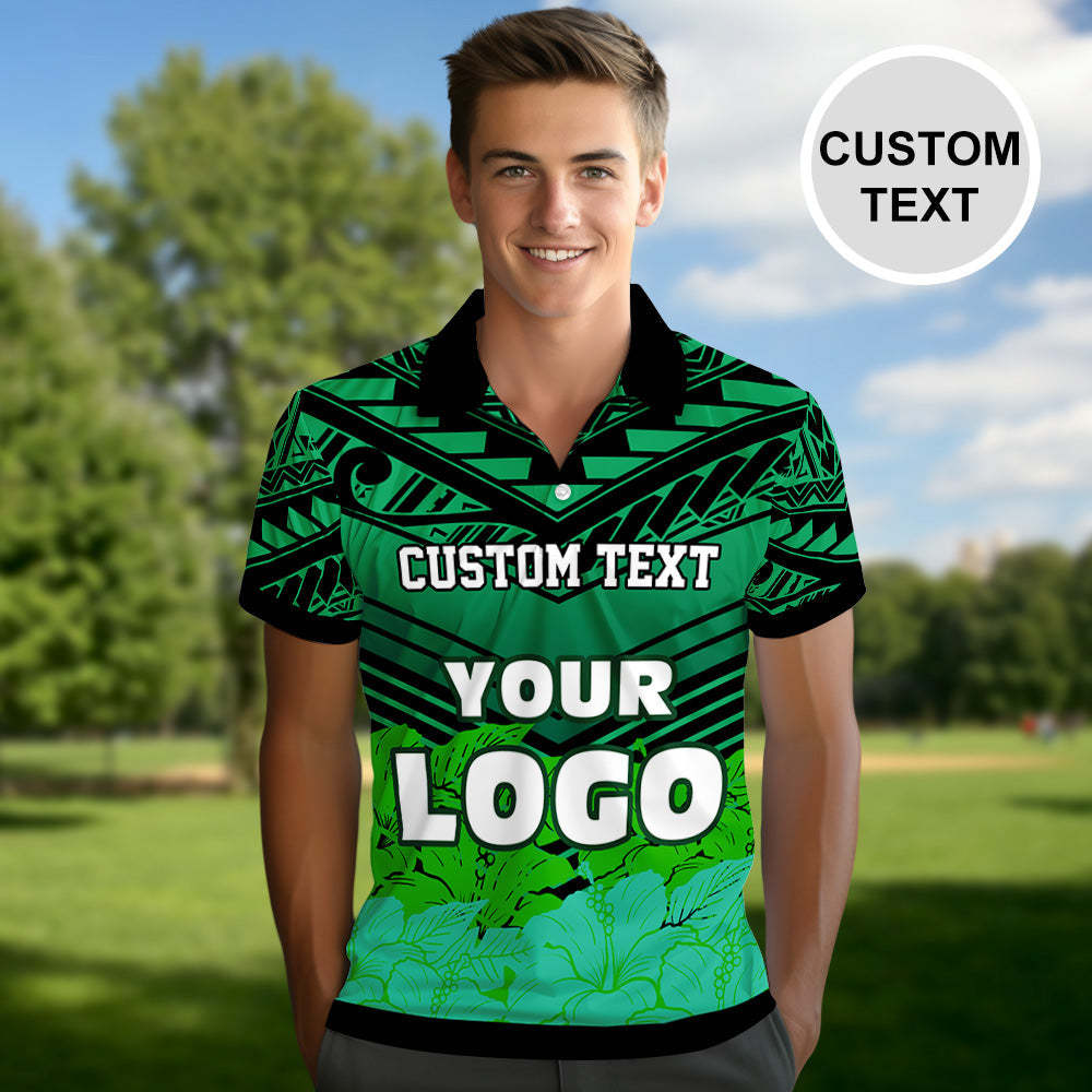 Men's Custom Logo Polo Shirt Personalised Name Hawaiian Golf Shirts Gift for Him - MyFaceSocksUK