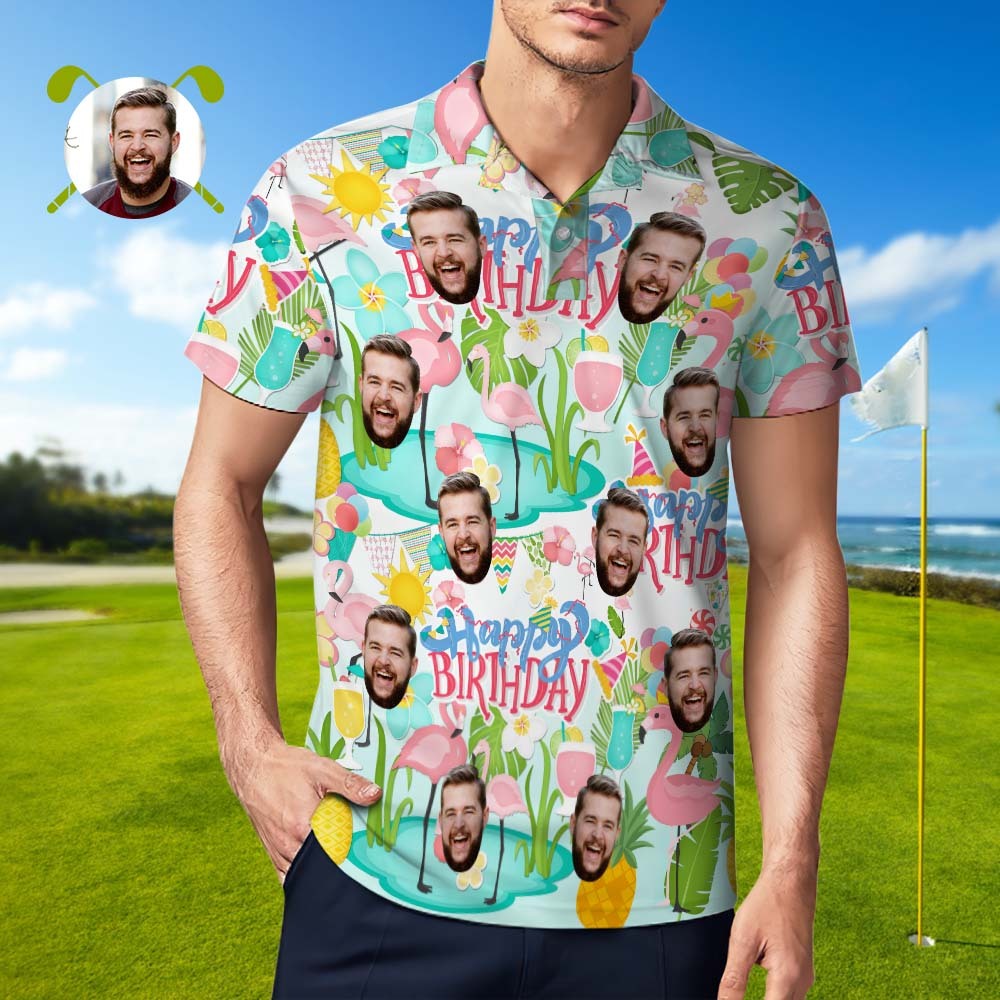 Custom Polo Shirt Hawaiian Golf Polo Shirts Happy Birthday Flamingo Party - MyFaceSocksUK