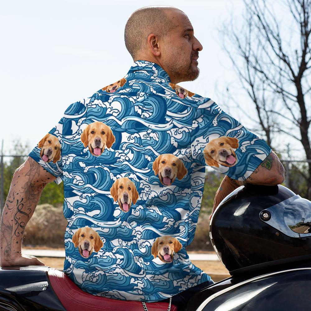 Custom Hawaiian Shirts Dog Face Waves Design Aloha Beach Shirt For Men