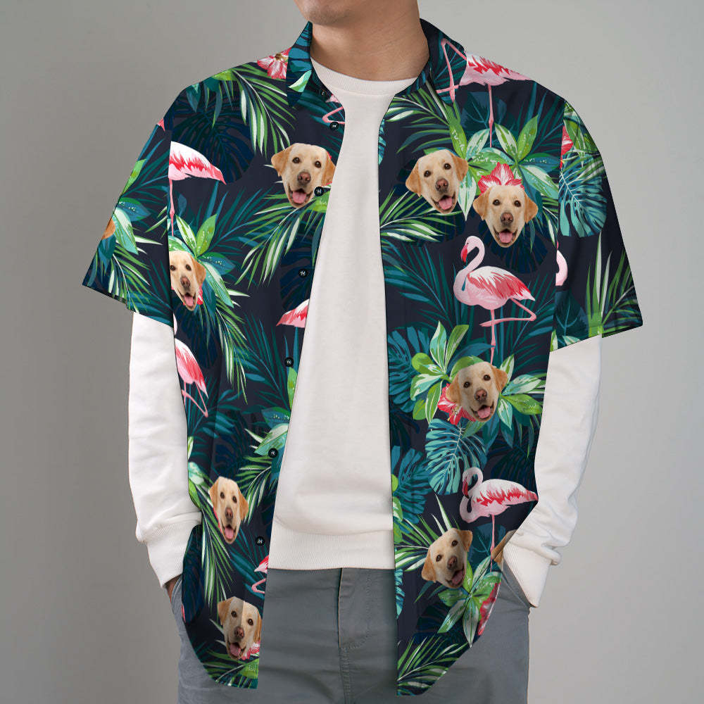 Custom Hawaiian Shirt with Face Custom Dog Face Shirt Leaves & Flamingo Button Down Shirts Gifts for Pet Lover - MyFaceSocksUK