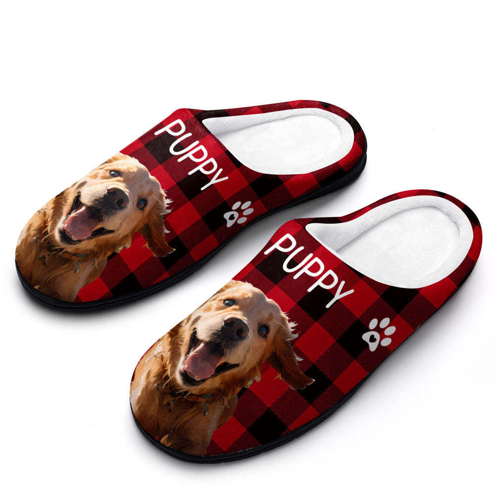 Custom Photo and Name Women Men Slippers With Footprint Personalized Red Casual House Cotton Slippers Christmas Gift For Pet Lover - MyFaceSocksUK