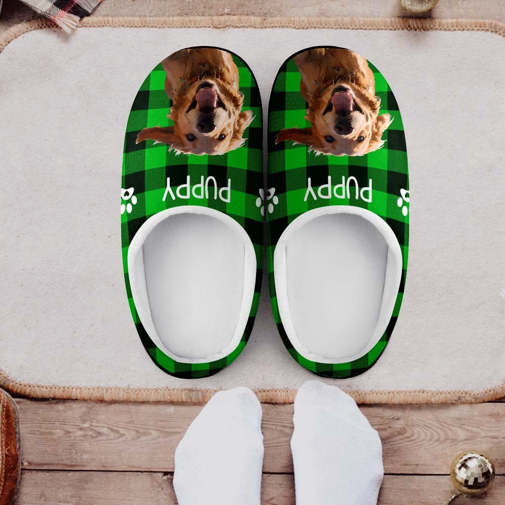 Custom Photo and Name Women Men Slippers With Footprint Personalized Blue Casual House Cotton Slippers Christmas Gift For Pet Lover - MyFaceSocksUK