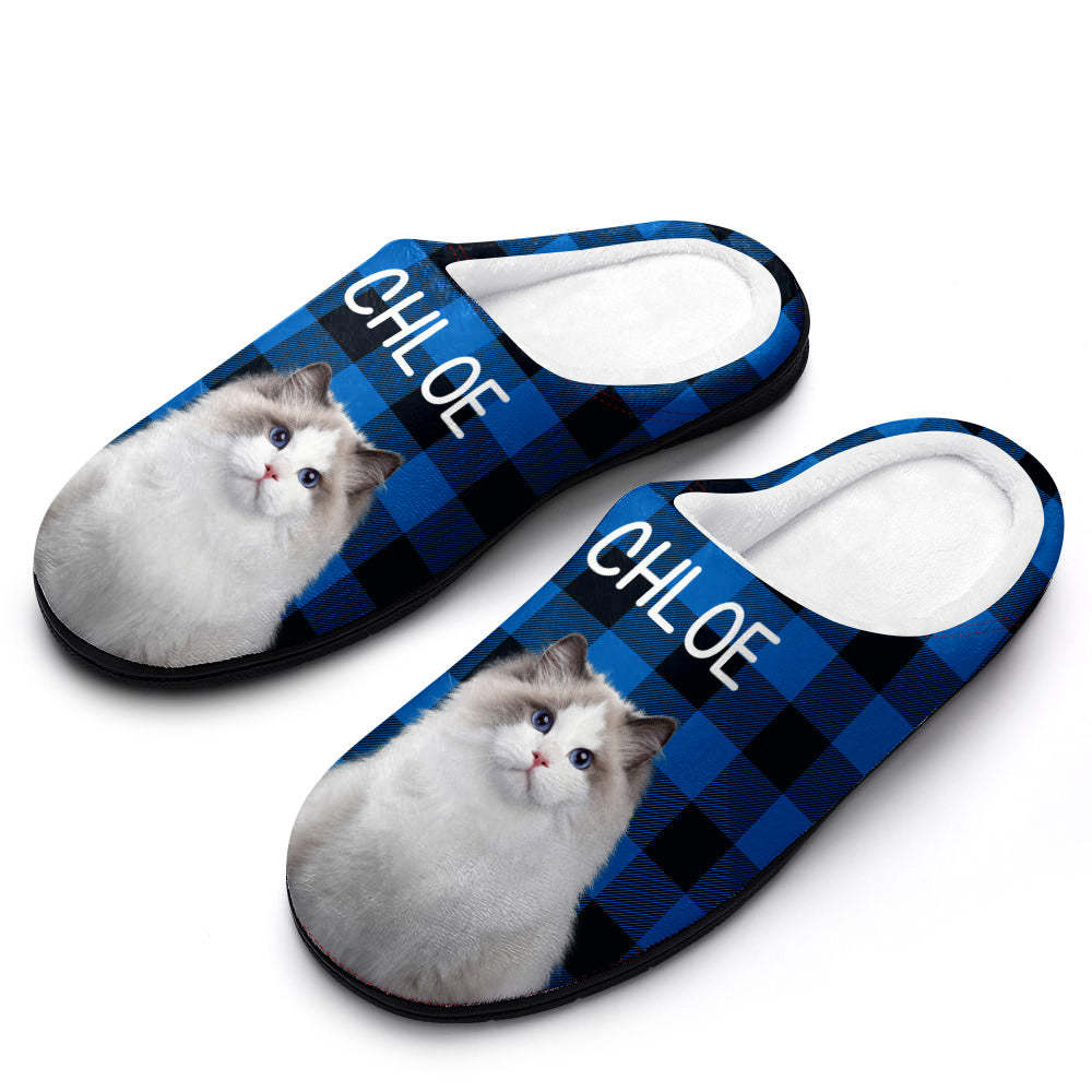 Custom Photo Women's and Men's Slippers Personalized Casual House Cotton Slippers Christmas Gift Pet Cat Blue - MyFaceSocksUK